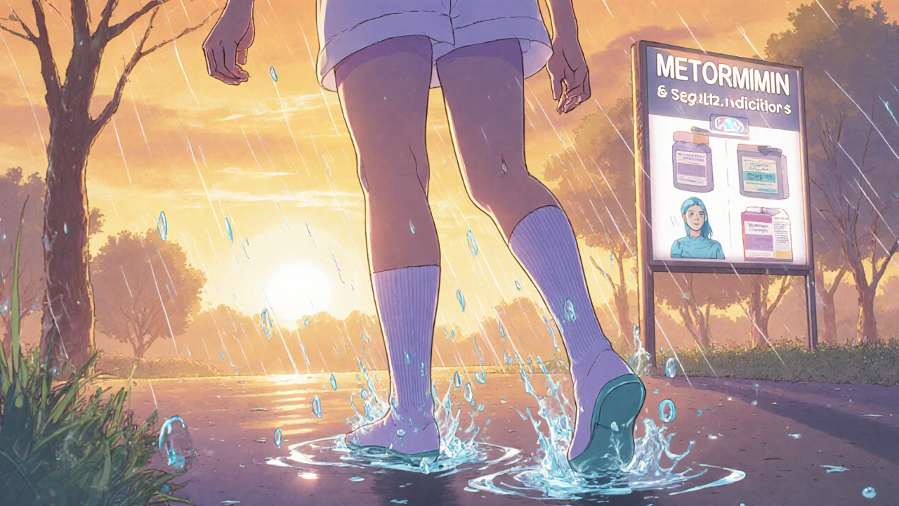 A person walking at sunset, water droplets rising from their feet as they wear compression socks.