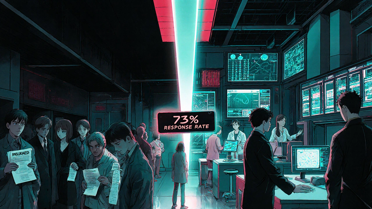 A split scene: left shows patients facing insurance denials, right shows a high-tech lab with genomic data and AI interfaces.