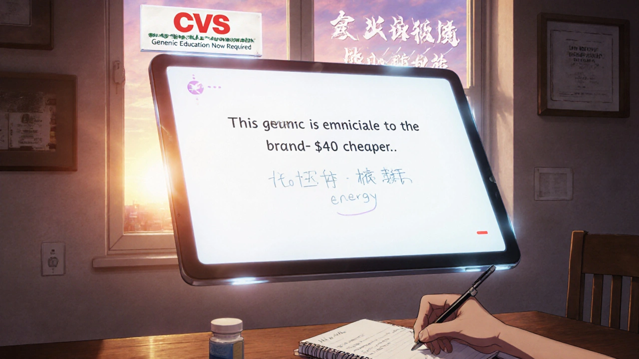 A tablet displays a personalized message about generic drugs, with a handwritten note and sunrise lighting in the background.