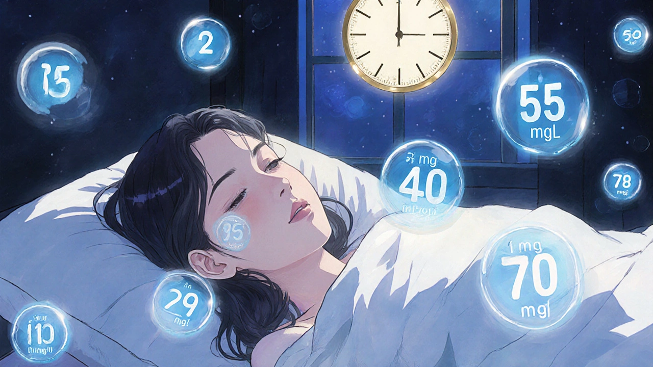 A woman sleeping as low blood sugar readings float around her, with a golden clock showing improved Time in Range above.