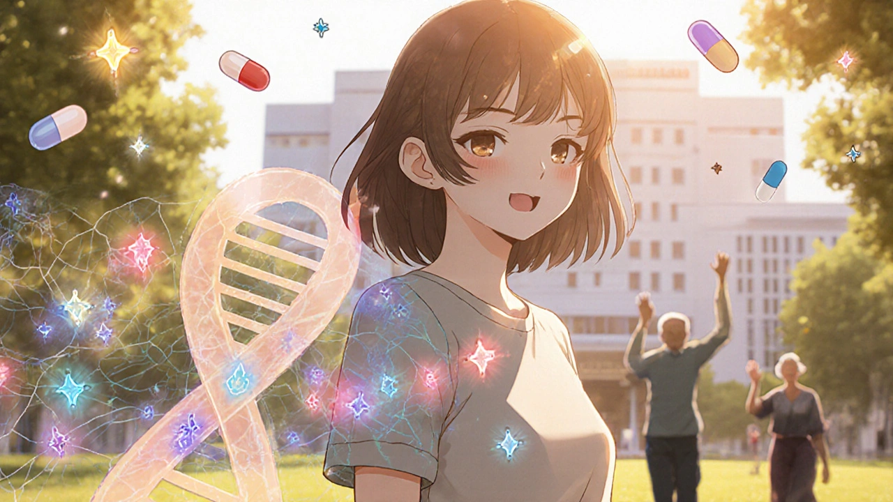 A woman walking in a park, her shadow revealing a genomic map with NTRK markers, symbols of treatment floating like fireflies.