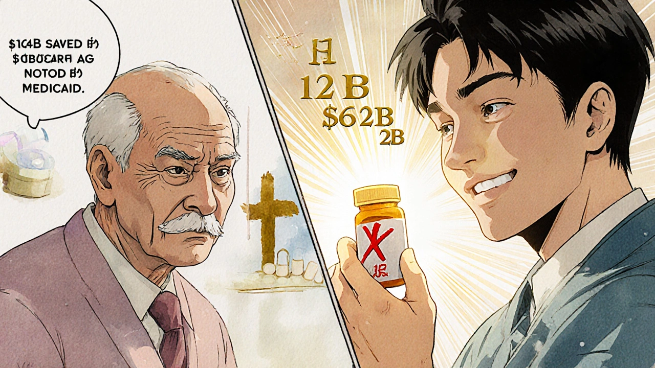 An elderly person chooses a low-cost generic pill over an expensive brand-name drug, glowing with relief.