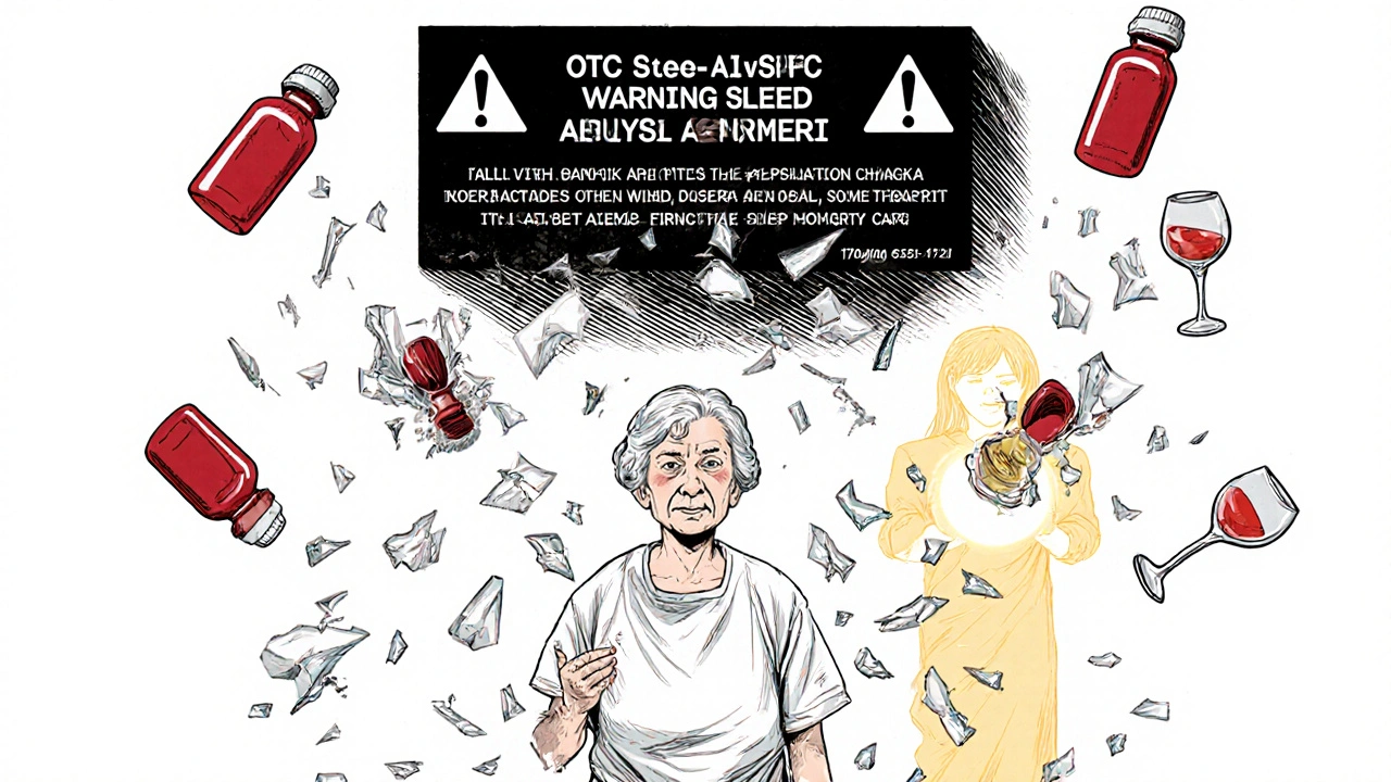 An elderly woman in hospital with shattering sleep aid bottles turning into broken bones, a black box warning above her.