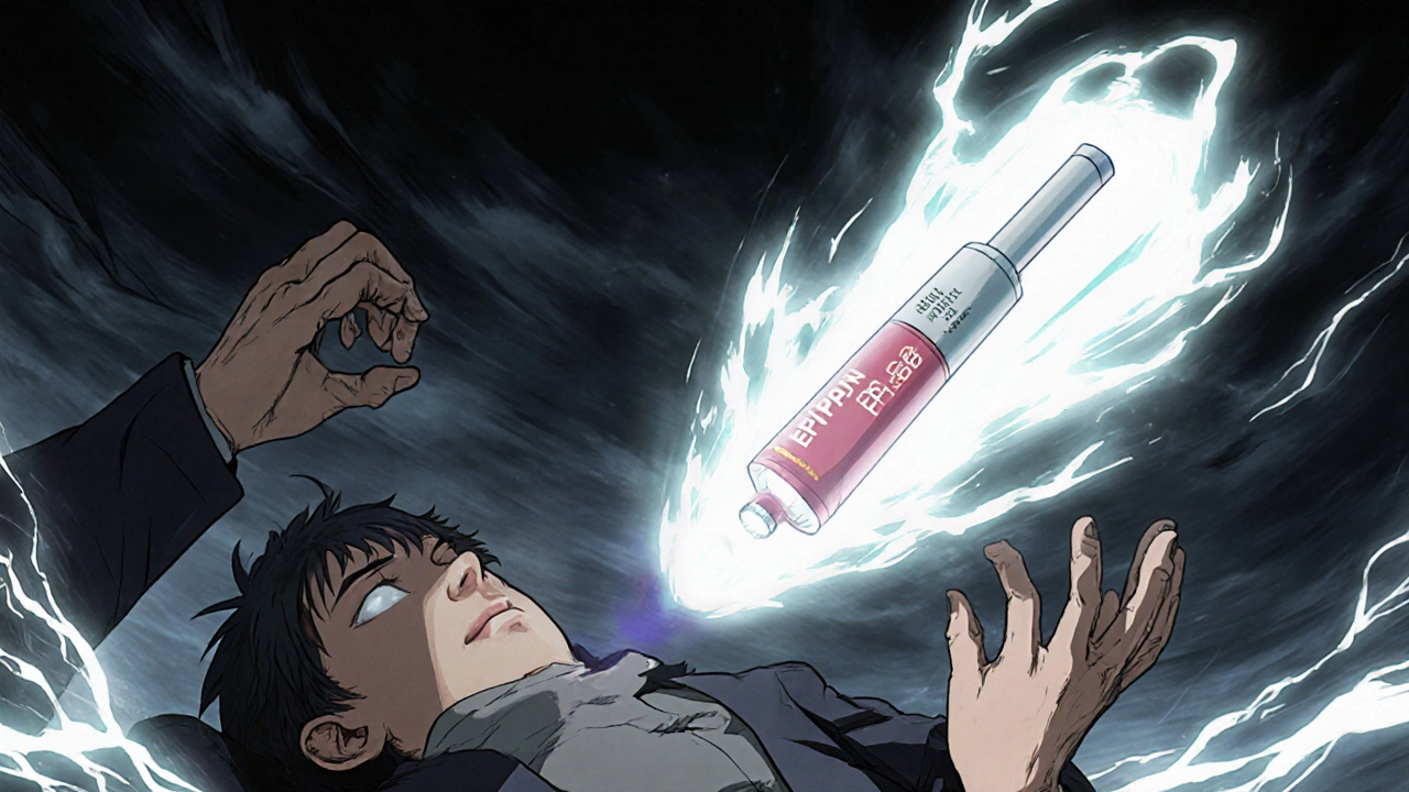 An expired EpiPen falls as a glowing replacement hovers nearby during a life-threatening allergic reaction.