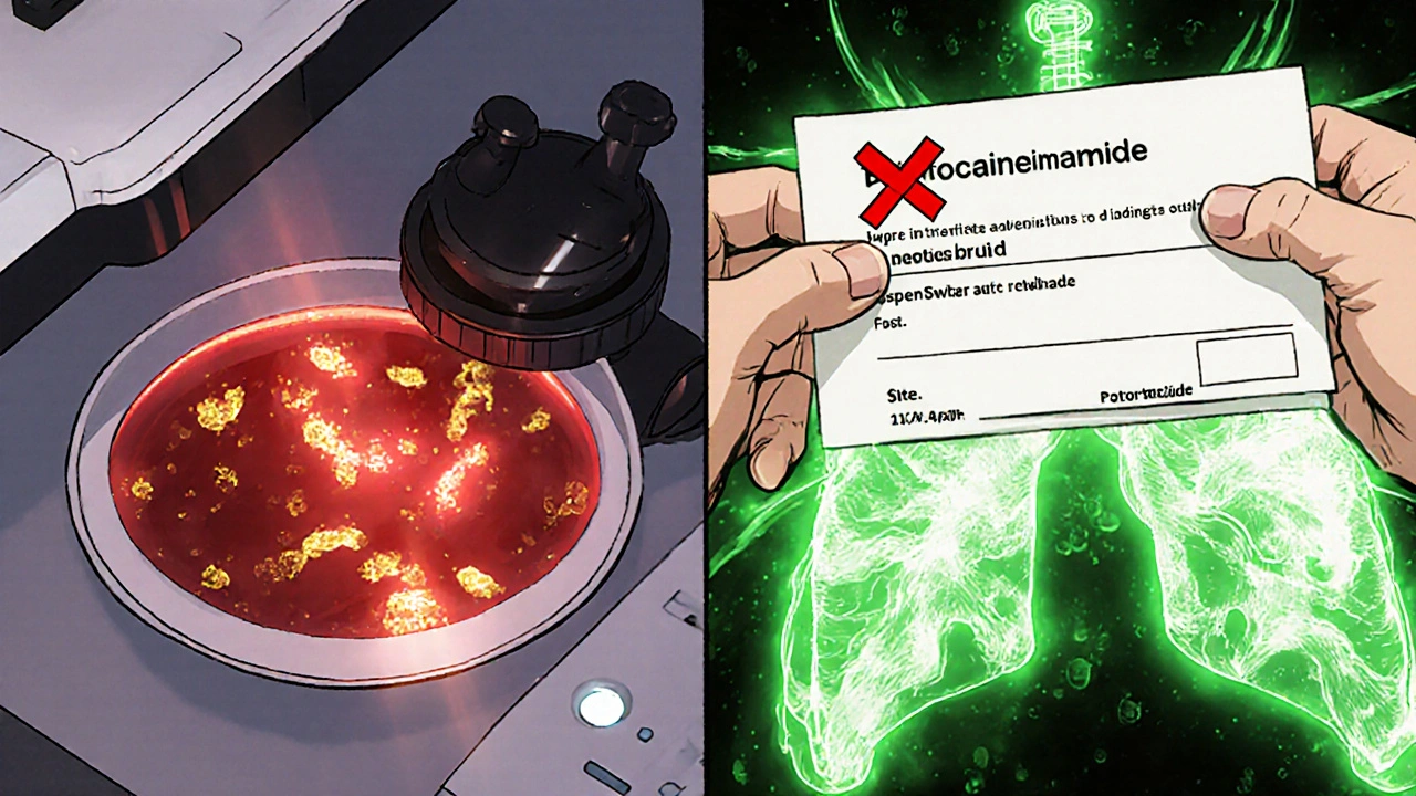 Blood sample with anti-histone antibodies glowing, prescription being crossed out as healing energy flows in.