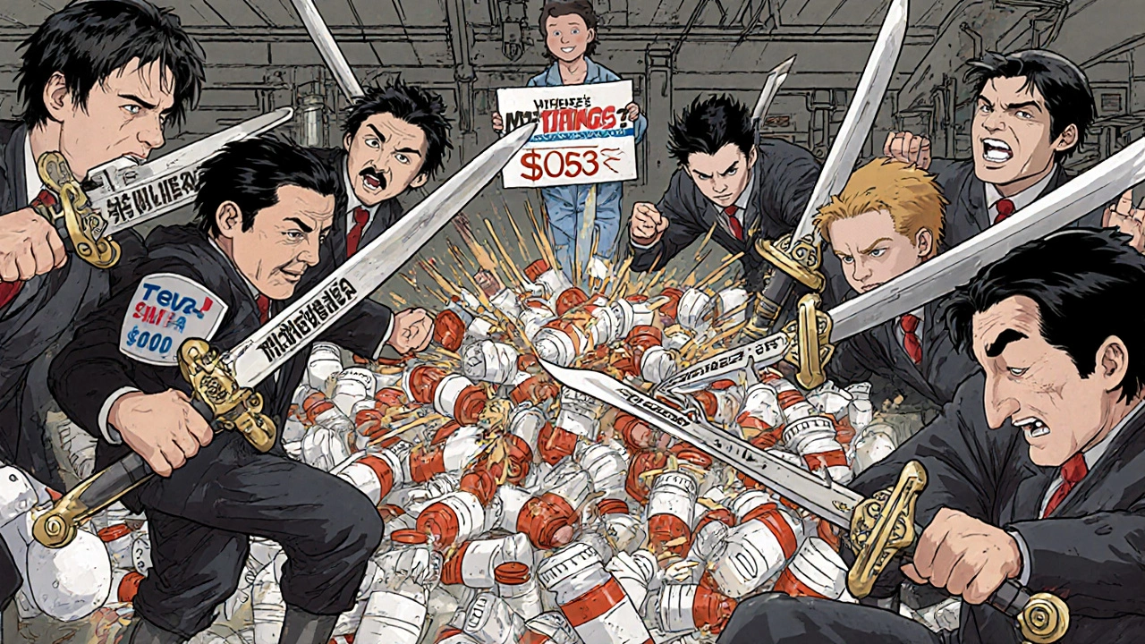 Cartoon corporate rivals battle over generic drug prices, one collapsing under empty pill bottles as patient watches.