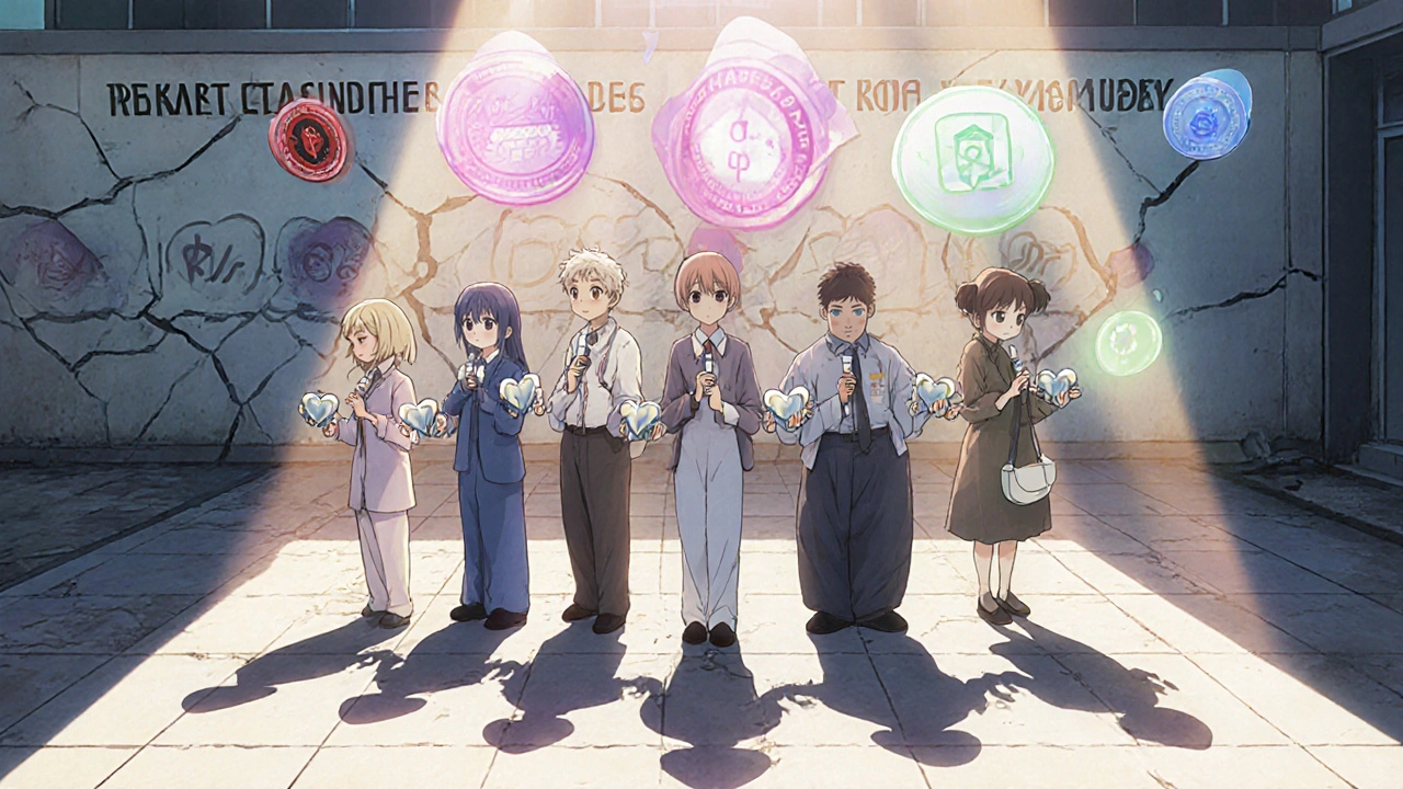 Diverse patients holding biosimilar pens, their shadows forming hearts, with crumbling financial barriers in the background.