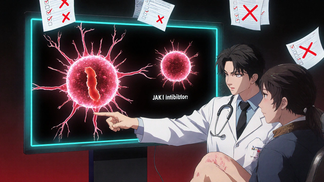 Doctor pointing at a monitor showing a blood clot in a vein, with immune suppression symbols in the background.