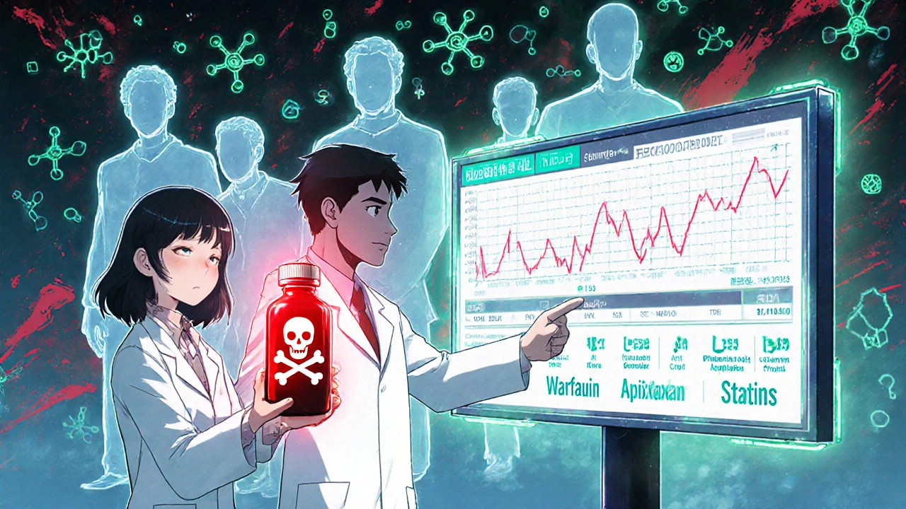 Doctor pointing at rising drug levels on screen while patient holds a dangerous supplement bottle.
