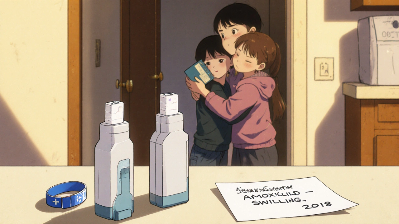 Epinephrine injectors and medical alert bracelet on counter with family in background