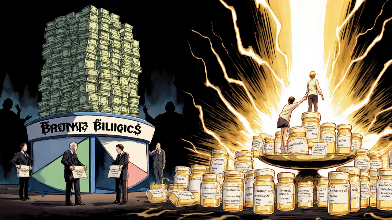 Financial scale tipping between brand biologics and biosimilars, with corporate figures and patients on opposite sides.