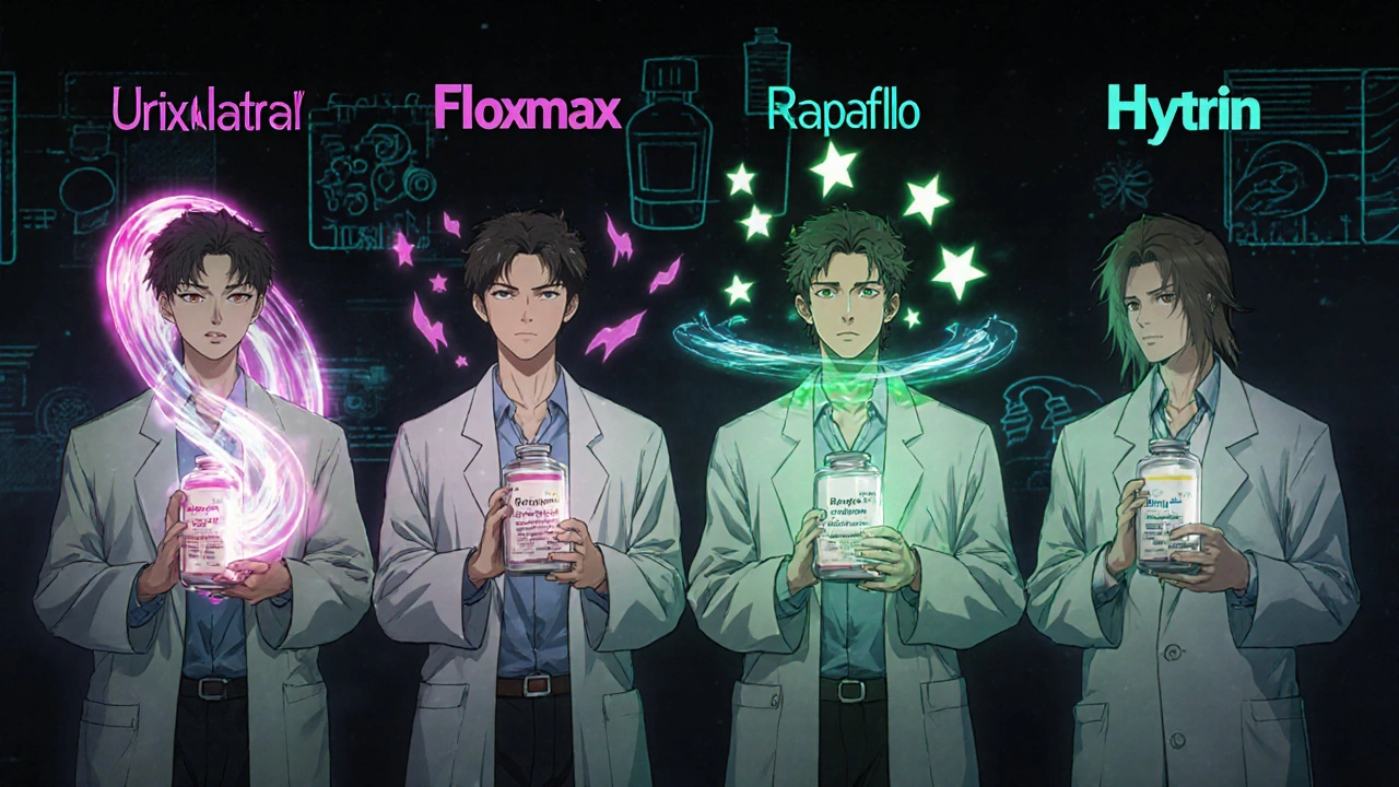 Four men compared with BPH meds, visual side effects shown symbolically