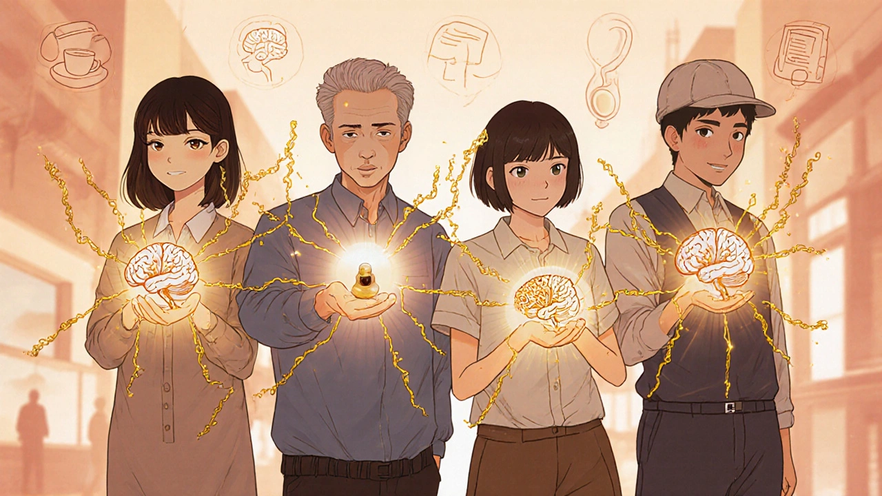 Four people from different walks of life glow with golden light as invisible chains of fatigue dissolve around them.