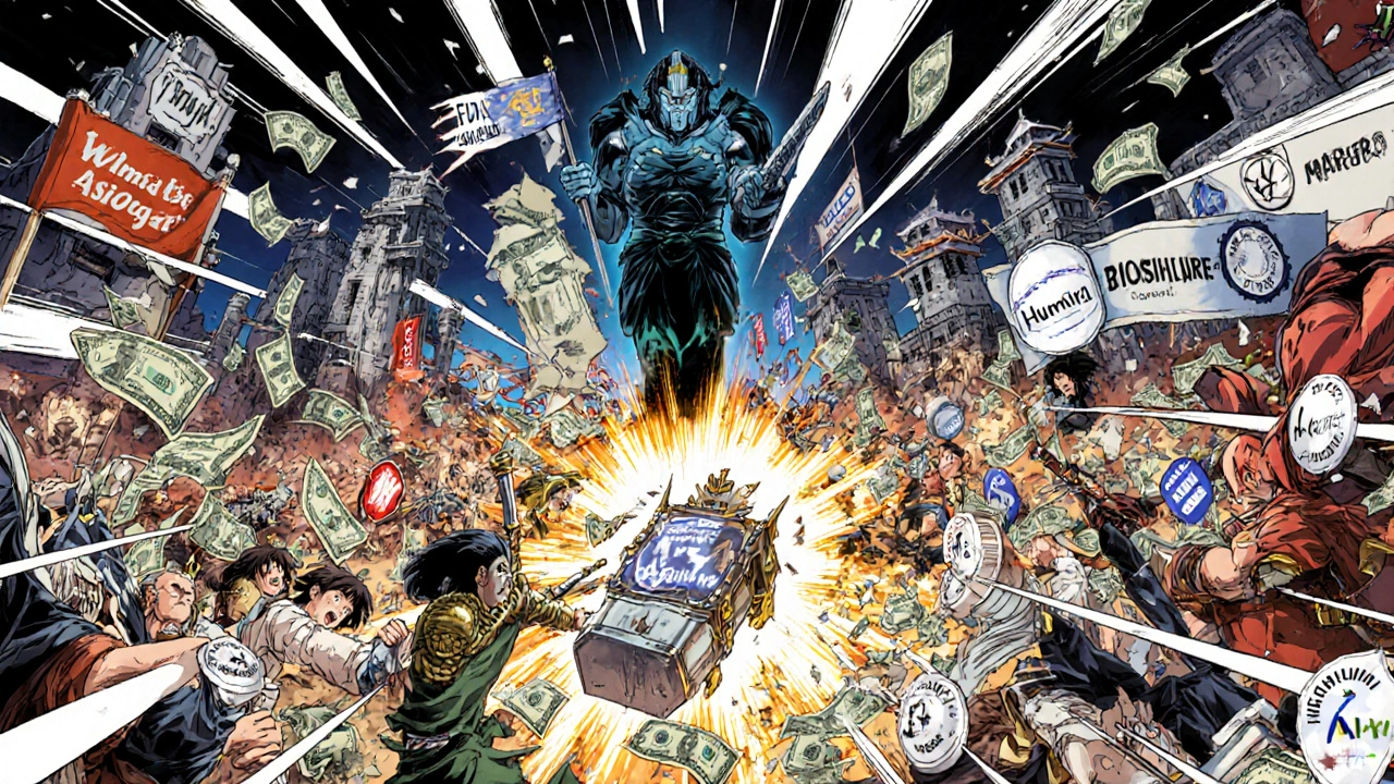 Generic drugs and biosimilars battle corporate pharmaceutical giants in a stylized medical war scene.