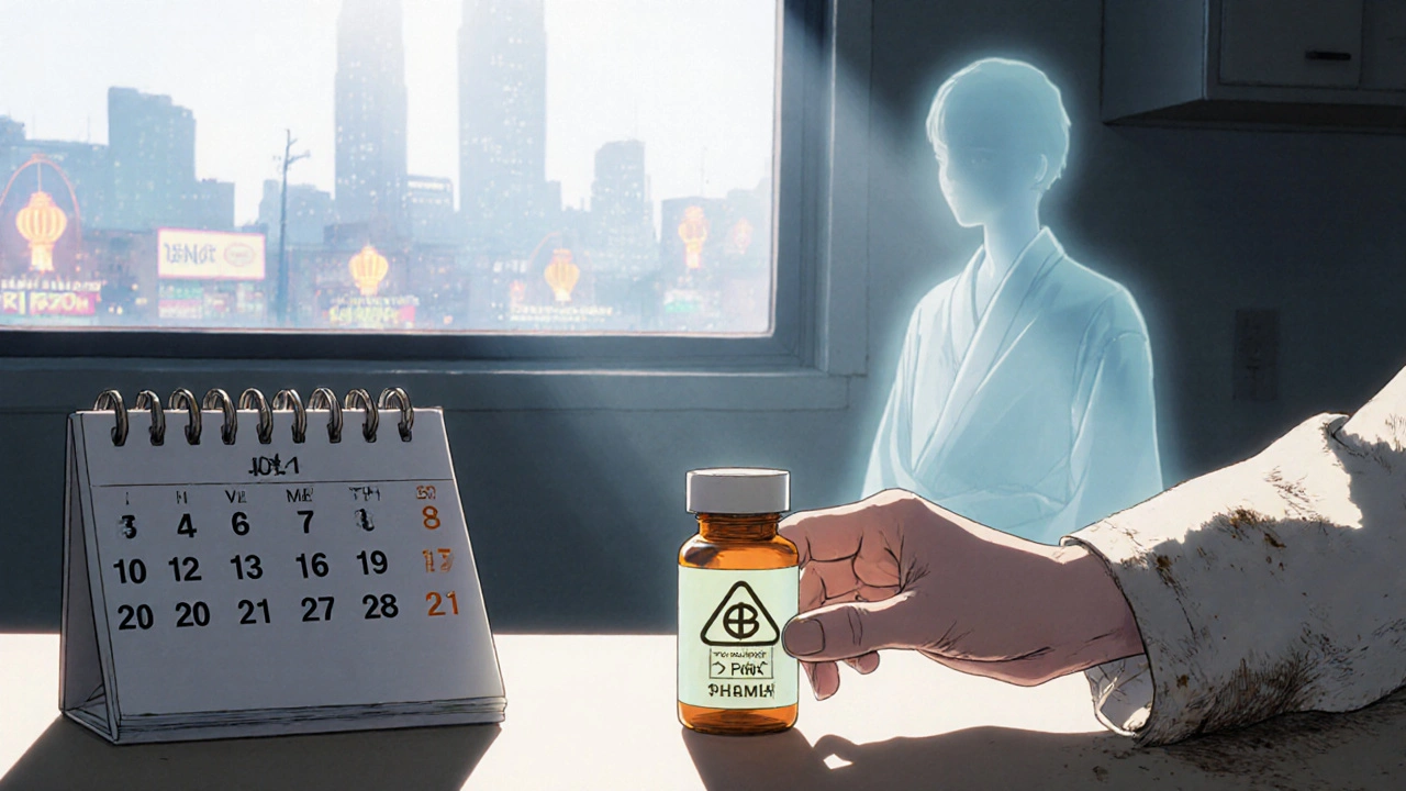 Hand placing generic pill bottle on counter with AB rating visible, PBM ghost fading away in morning light.