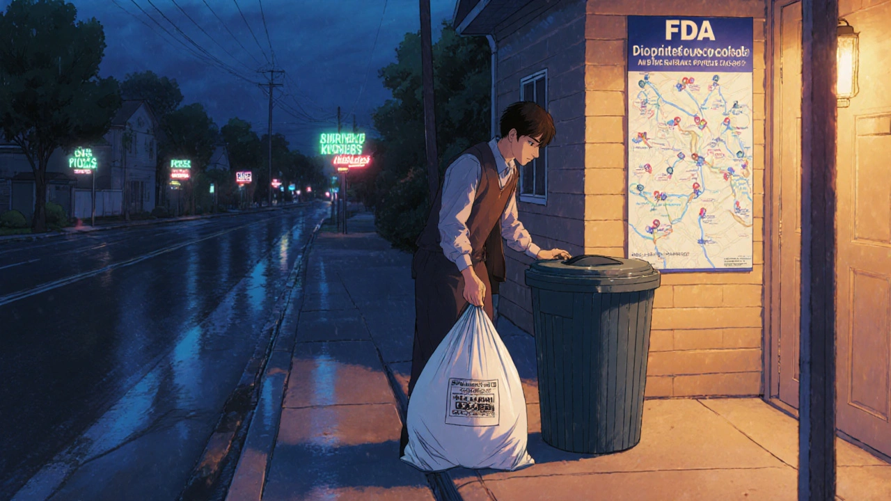Homeowner placing sealed medication in trash bin under dusk lighting, with disposal guide visible.