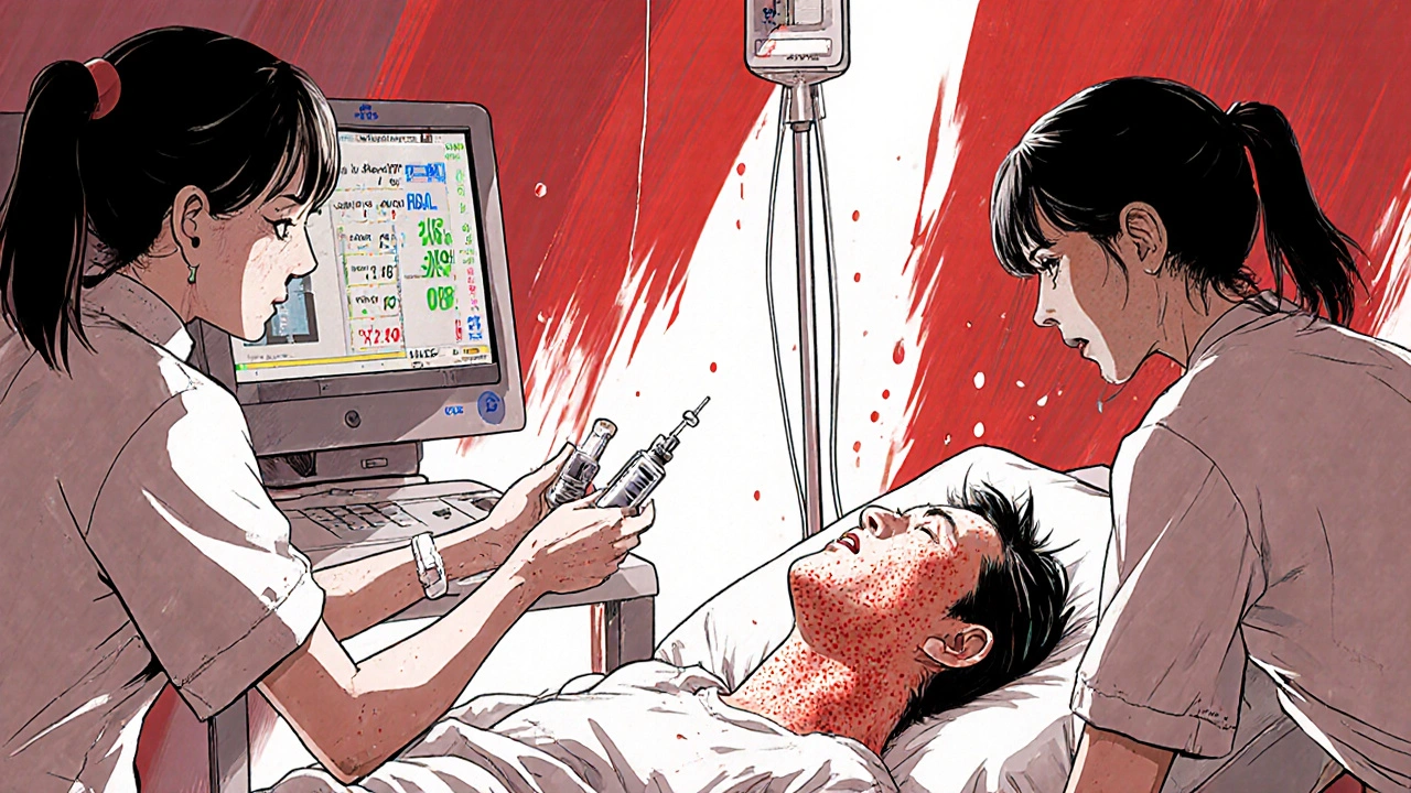 Hospital emergency scene with staff administering epinephrine to collapsed patient