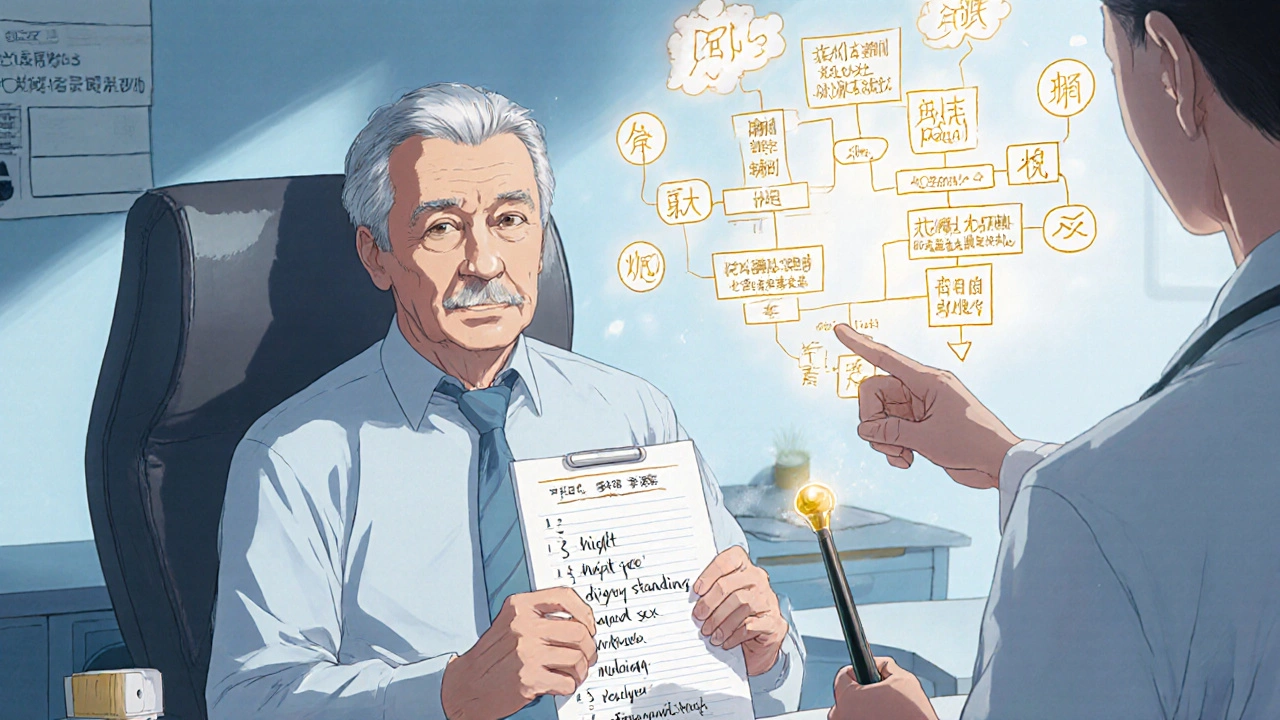 Man in doctor's office with symptom list, UroLift and Rezum tools floating nearby