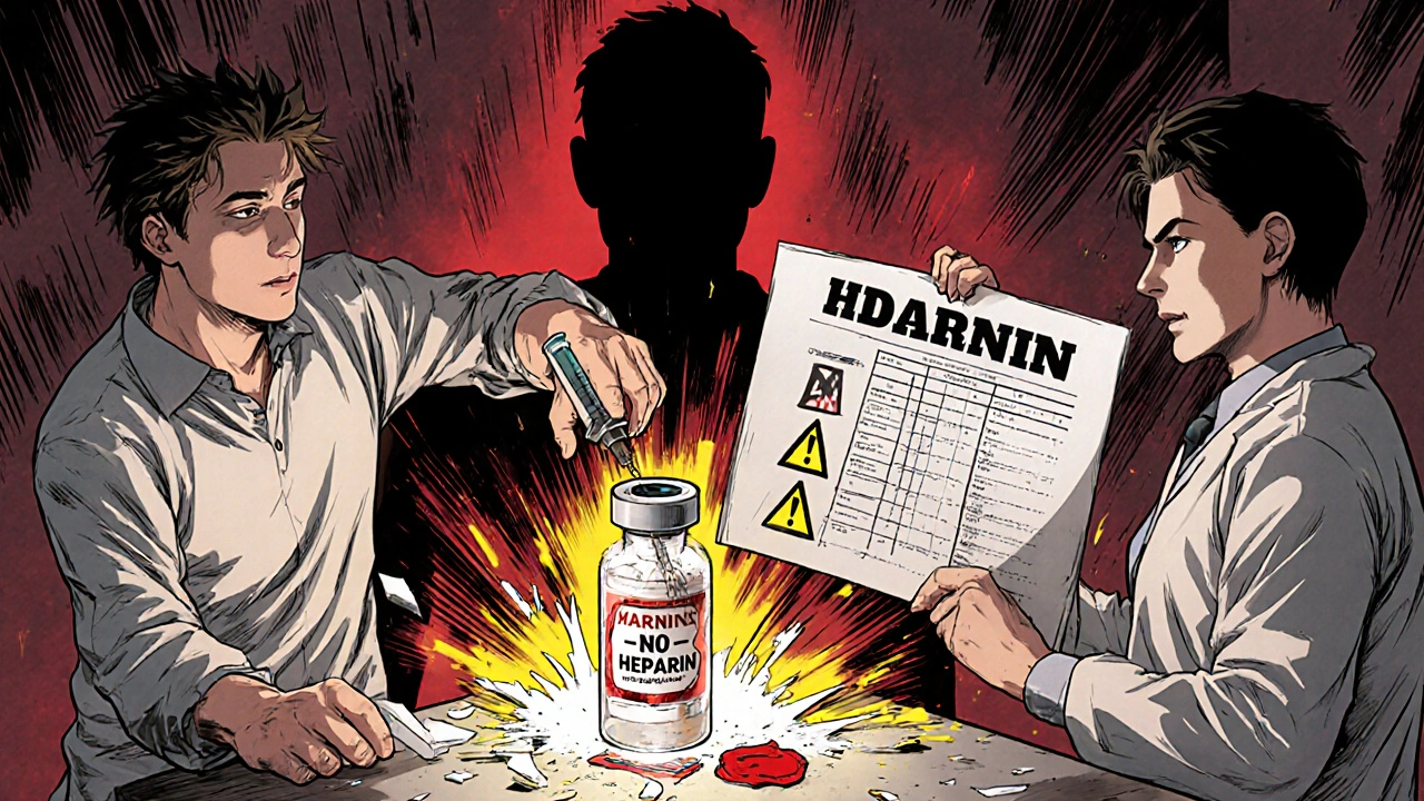 Medical staff rushing as a heparin vial shatters, with a warning sign and ghostly figure of past HIT patient in background.