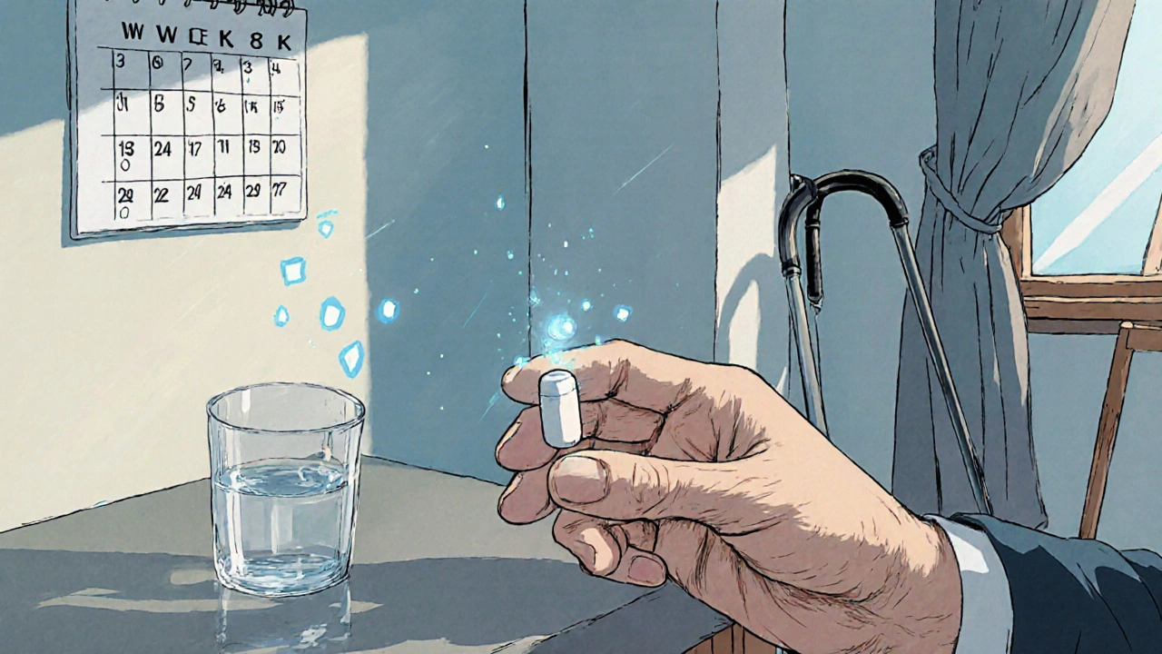 Older man holding a diacerein capsule on a kitchen counter, cane unused in corner, morning light.