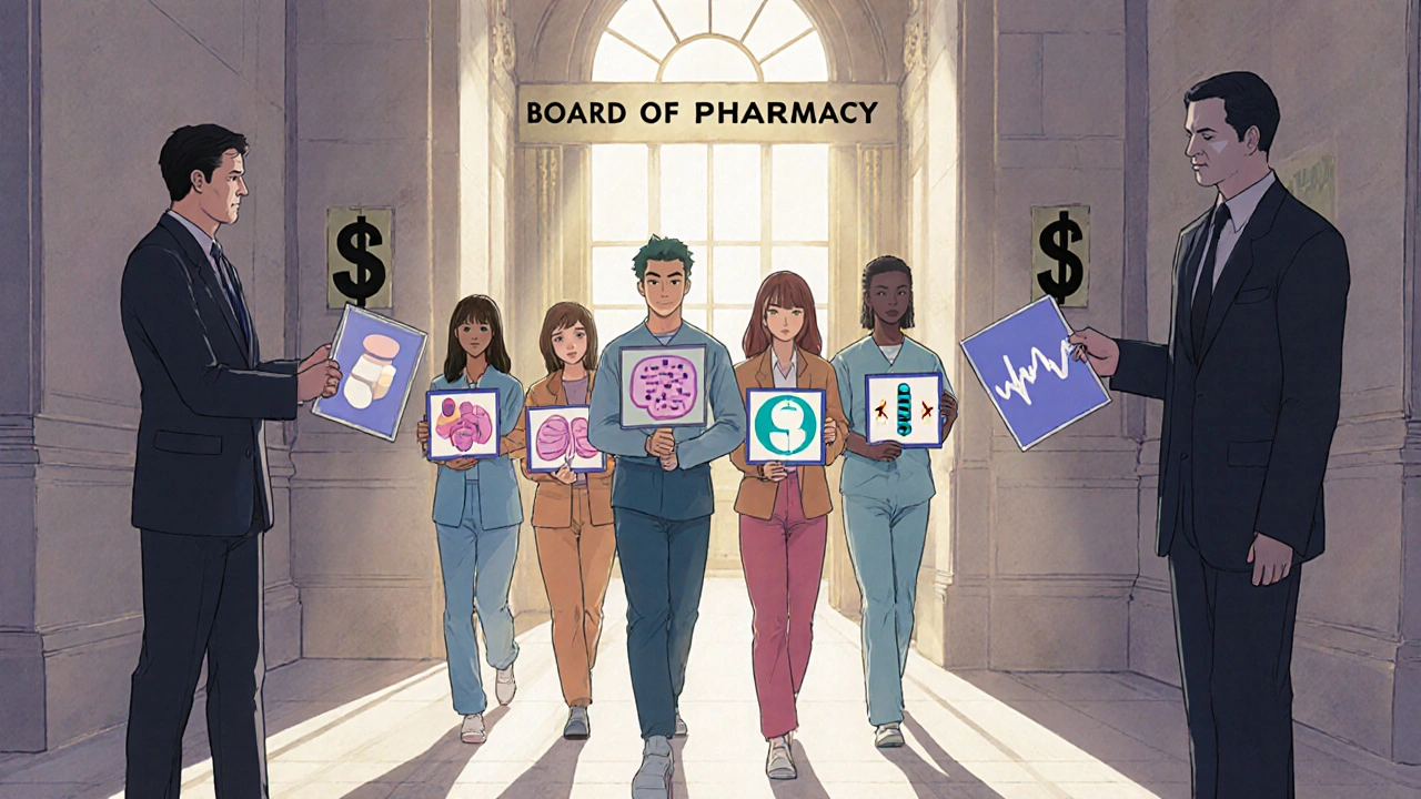 Patients advocating for medication rights outside state pharmacy board building, holding health-related signs.