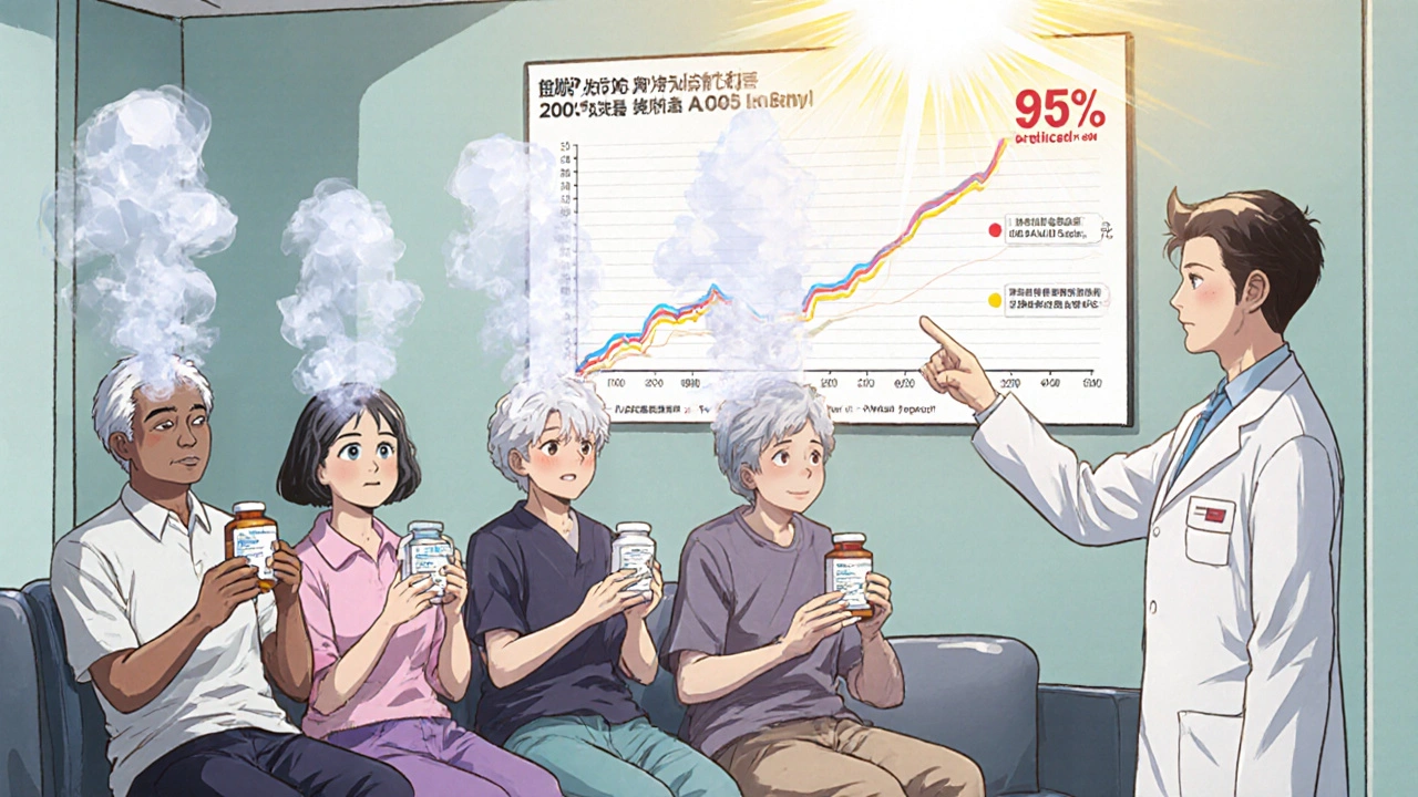 Patients over 50 holding medications, with symptoms lifting off them as a doctor points to a recovery chart.