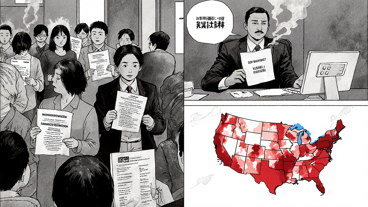 Patients struggle with paperwork while PBM executive adjusts reimbursement lists in a high-rise office.