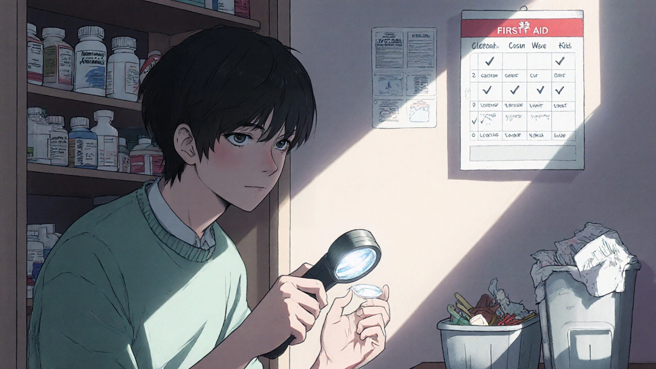 Person inspecting a well-organized first-aid kit in a cool, dry bedroom closet with calendar reminders.