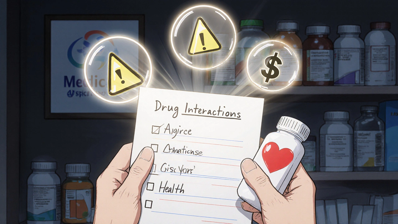 Senior&#039;s hands holding a list and medication bottles with floating health and cost icons above.