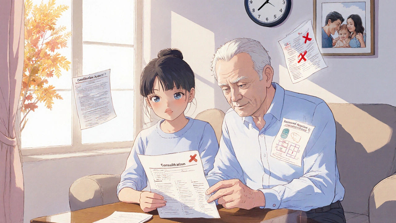 Senior and family member reviewing a medication plan together in a sunny living room.