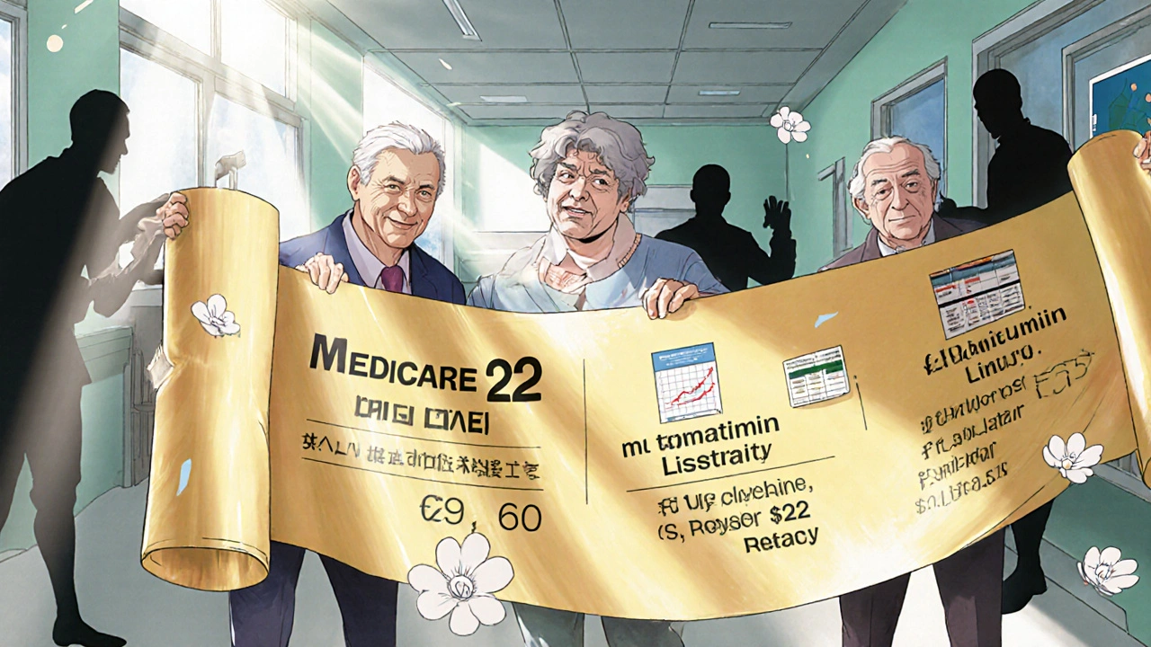 Seniors receive  generic drugs as golden scroll glows, shadowy corporate figures fade in background.