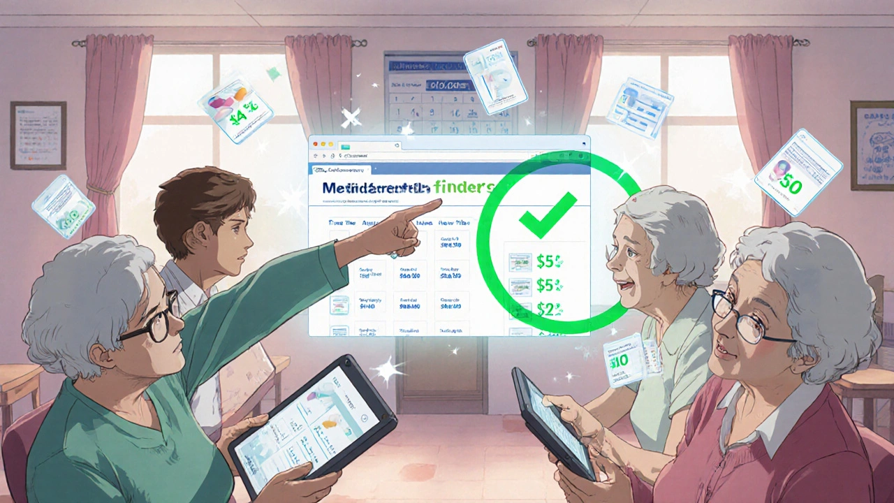 Seniors using tablets to compare Medicare plans, floating price tags and green checkmark symbolizing savings.