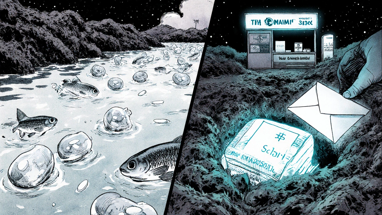 Split image showing polluted water versus safe disposal, symbolizing environmental impact and solution.