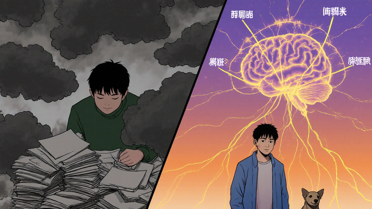 Split scene: dark fog surrounds a person at work, while golden neural pathways light up their brain as they walk a dog in sunlight.