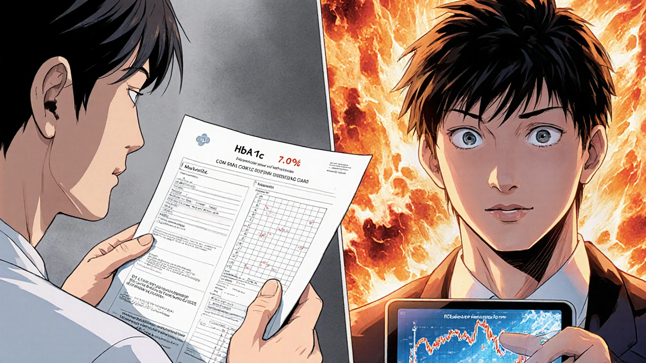 Split scene: doctor with a normal HbA1c result vs. patient shocked by a volatile CGM graph revealing hidden glucose dangers.