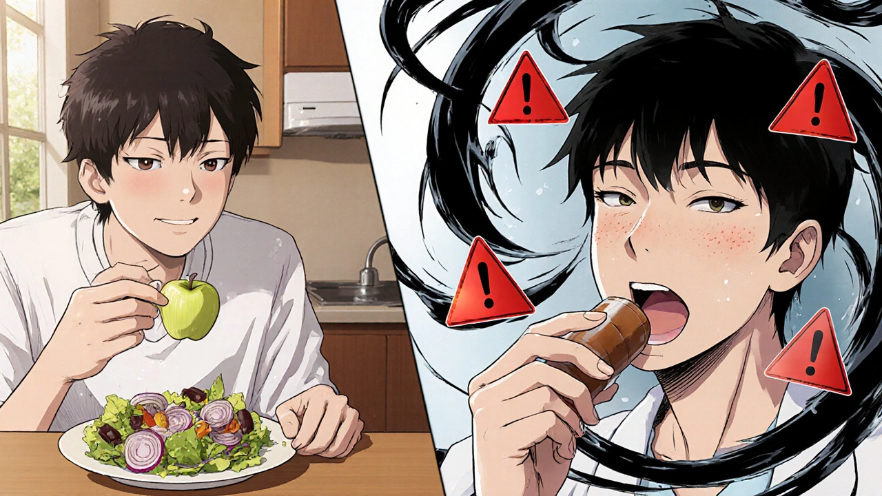 Split scene: eating healthy food vs. taking high-dose quercetin supplement with warning symbols.