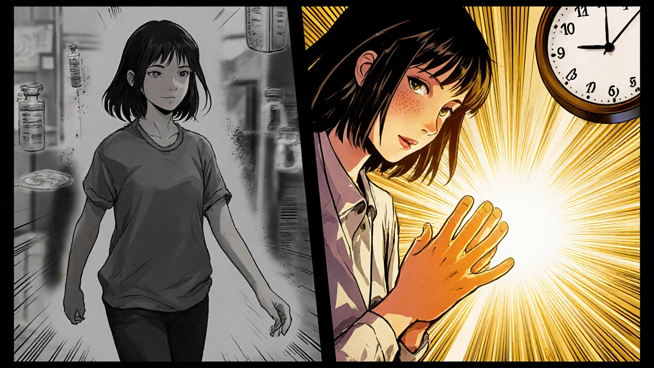 Split scene: one side shows fading color as numbness spreads, the other shows recovery light returning to hands and feet.