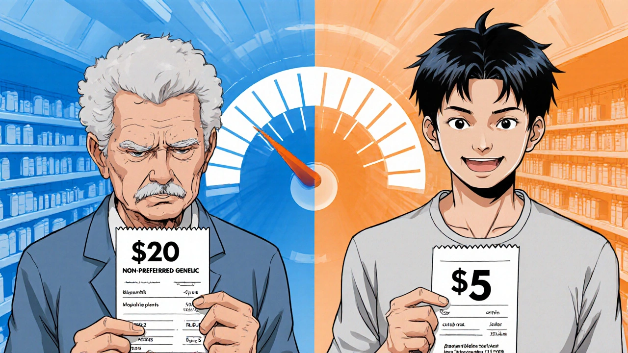 Split scene: senior comparing high and low generic drug copays, ,000 spending cap meter filling up.