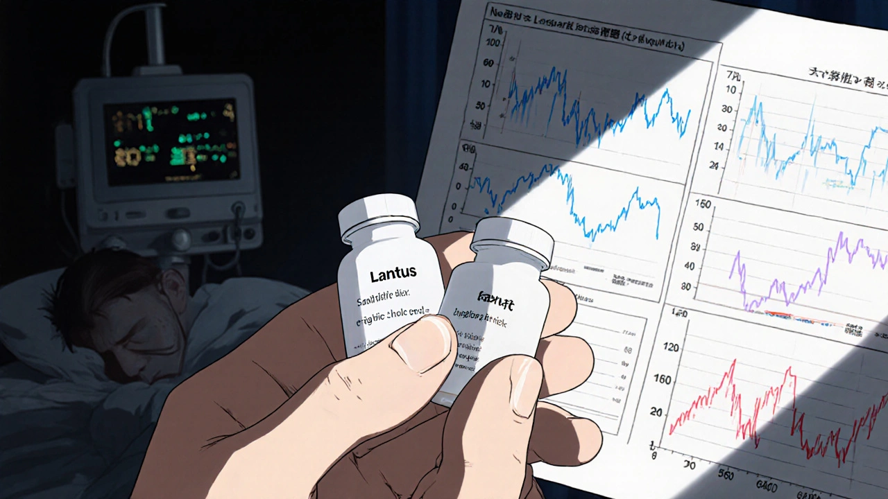 Two identical pills side by side, one branded and one generic, with medical graph showing unstable blood sugar levels.