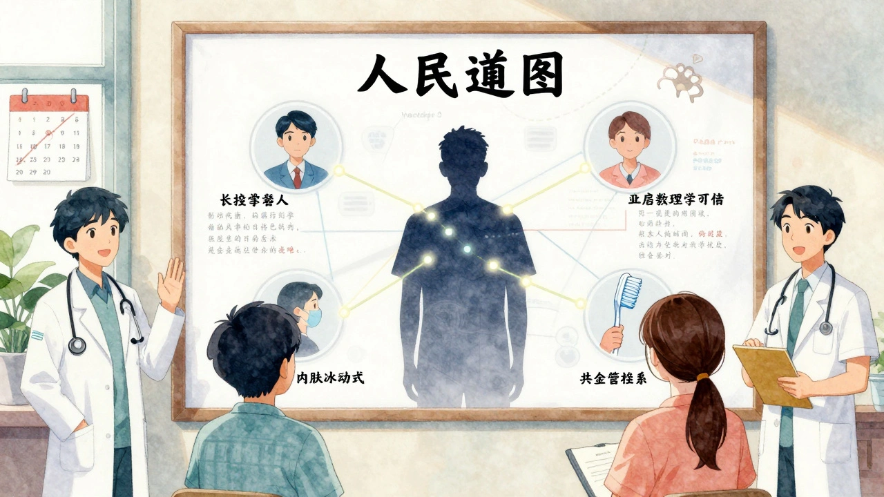 A care team gathered around a visual care plan map, connected by glowing threads, symbolizing coordinated support.