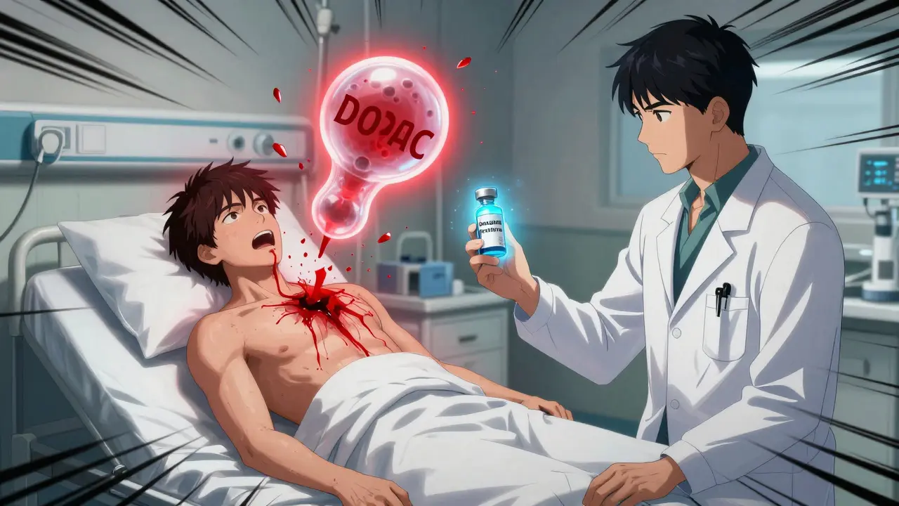A doctor administers a reversal drug in an emergency room as a patient bleeds internally, with a glowing DOAC molecule breaking apart.