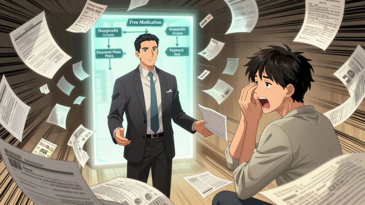 A financial navigator guiding a patient through floating documents, revealing pathways to financial relief and support programs.