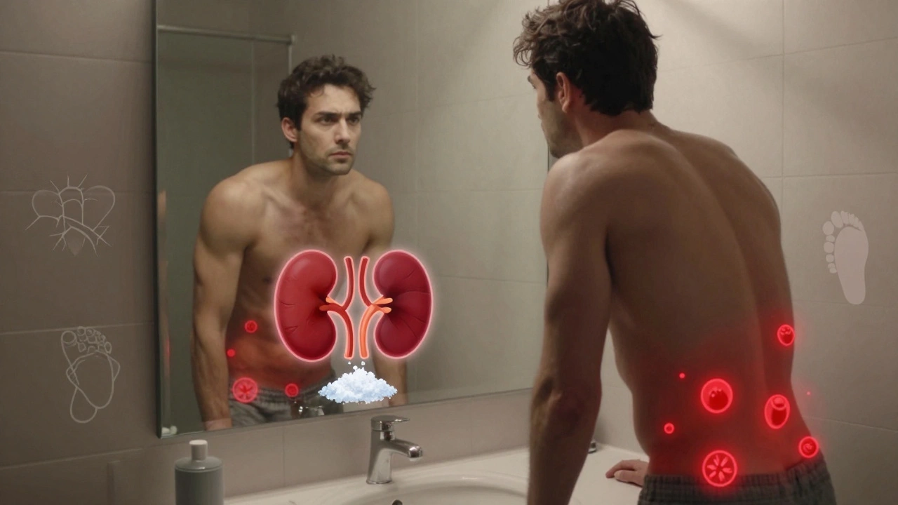A man in front of a mirror with glowing yeast and kidney symbols, representing side effects of diabetes drugs.