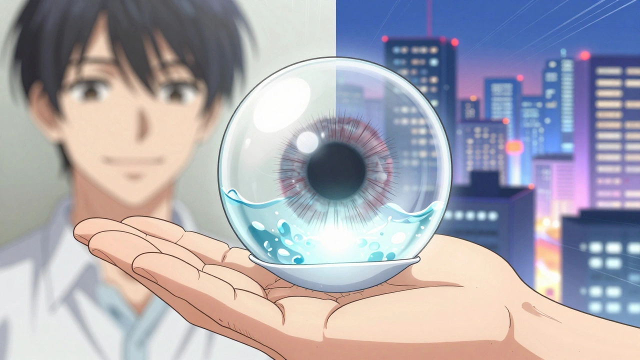 A patient holding a scleral lens as it restores sharp vision, contrasting a blurry world with a clear, vibrant one.