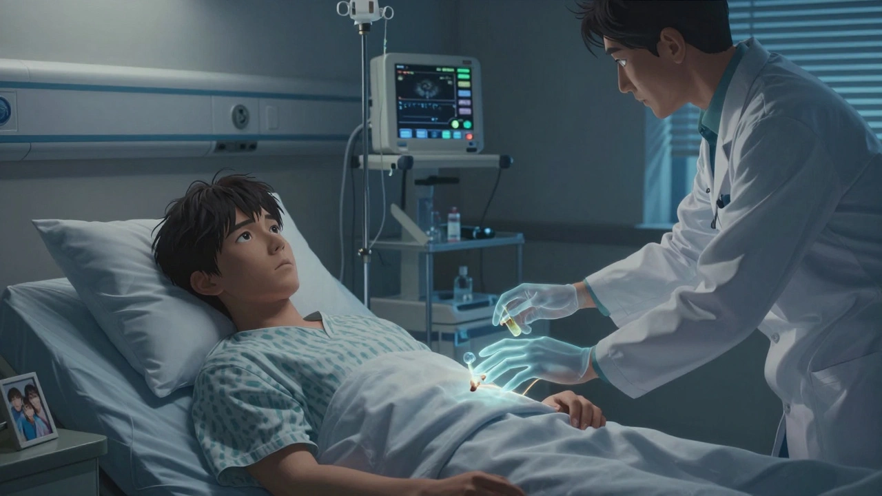 A patient in a hospital receiving medication for alcohol use disorder, with ghostly cravings reaching from the shadows.