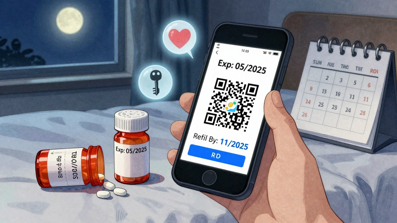 A patient scans a QR code on a prescription label at night, with dates clearly marked on the bottle.