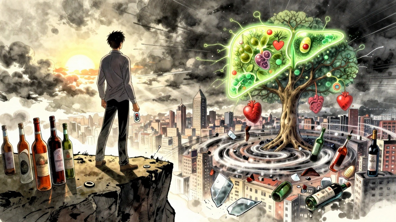 A person at a cliff&#039;s edge choosing recovery, with regenerating organs and a sunrise behind them.