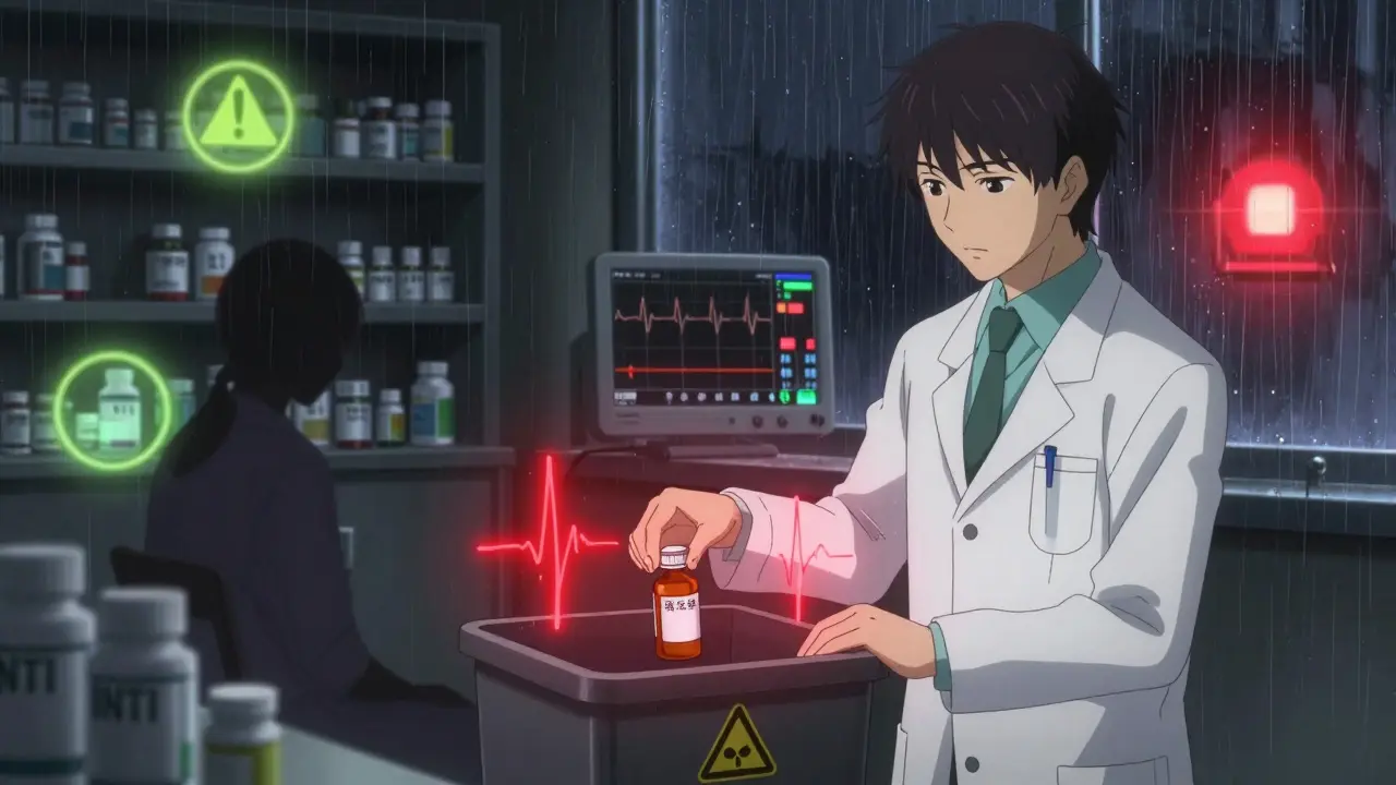 A pharmacist discards an expired digoxin bottle as a patient's heartbeat flatlines, glowing warning symbols surround the bin.