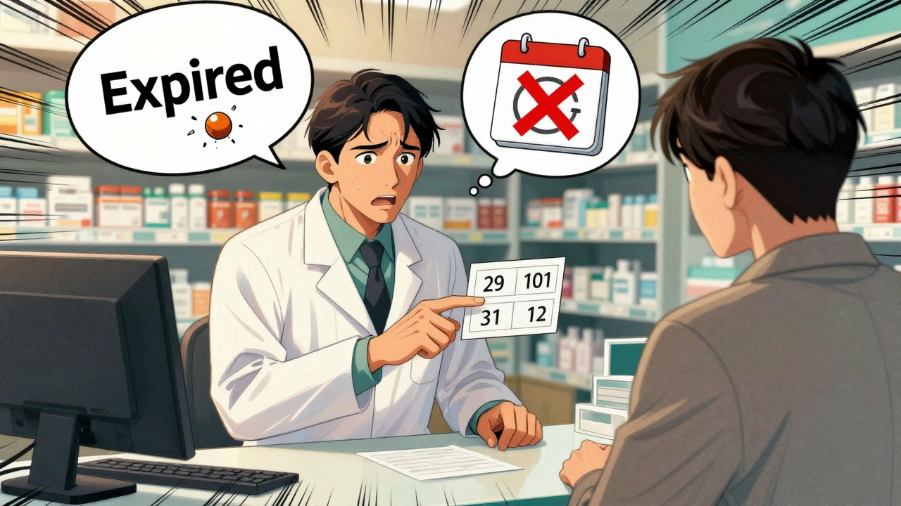 A pharmacist explains prescription dates to a confused patient with floating thought bubbles.