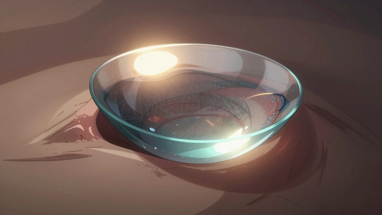 A rigid contact lens floating above a conical cornea, with a glowing tear film smoothing its irregular surface.